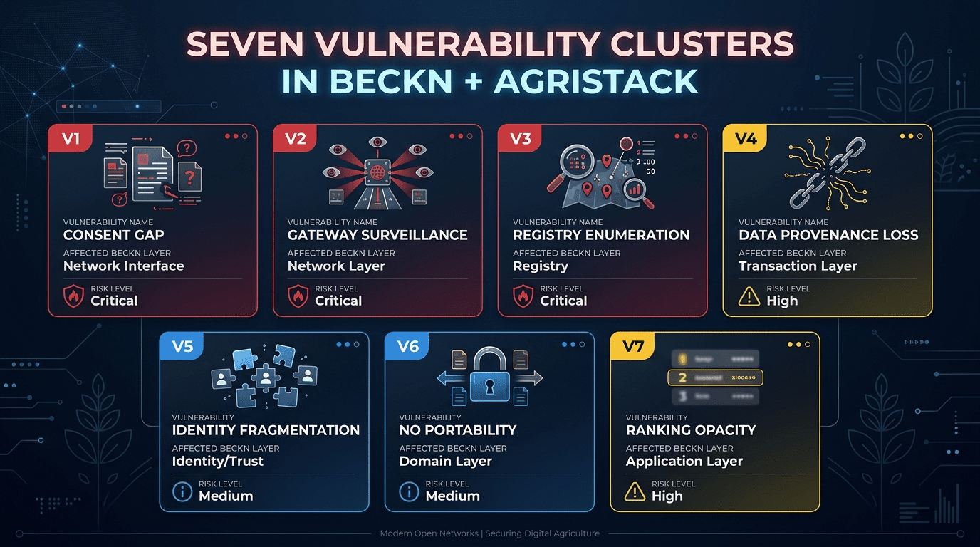 Seven vulnerability clusters mapped across Beckn components